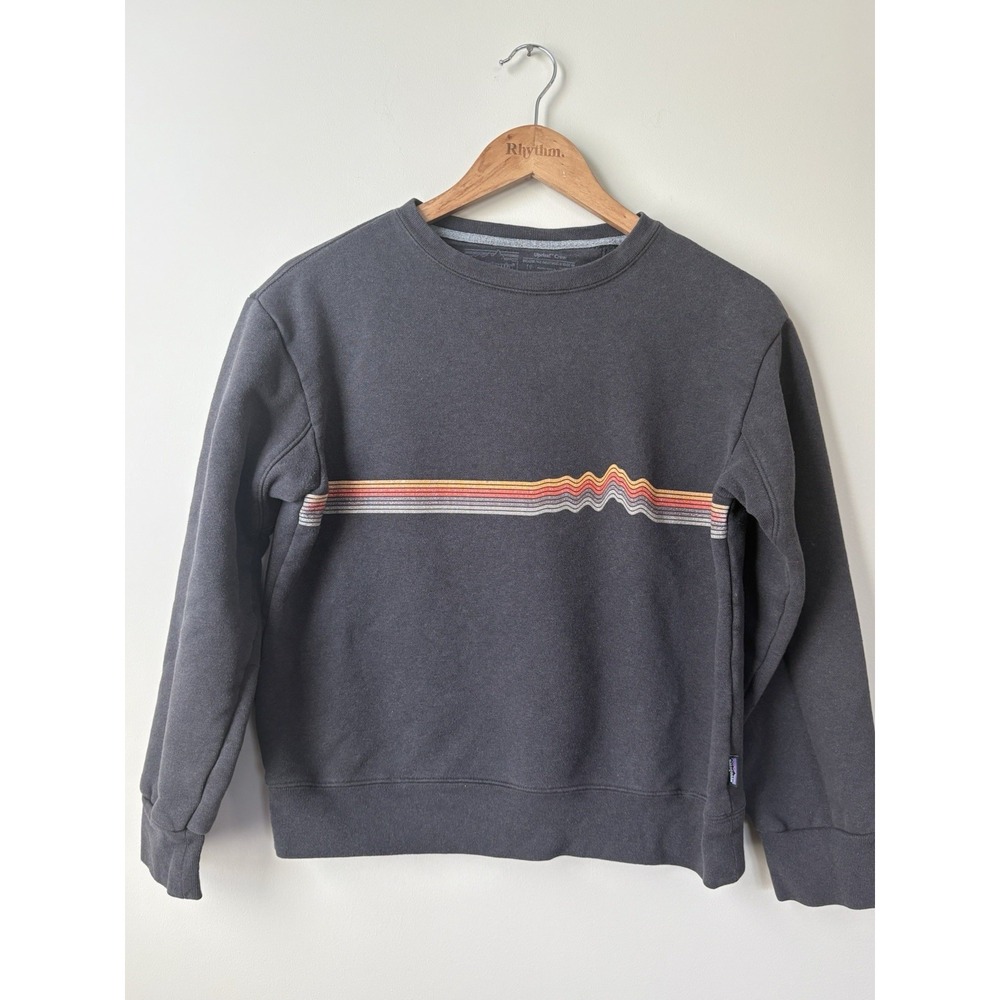 W Patagonia Ridge Rise Stripe Uprisel Crew Sweatshirt Basalt Brown Size XS